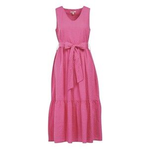 Barbour Sea Daisy Dress Seersucker Pink Shabby Chic Coastal Tiered Size 14 EUC